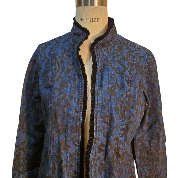Liz Claiborne Jackets & Blazers - Liz Claiborne Denim‎ Jacket Damask Print Velvet Trim Collar Blue Jean M